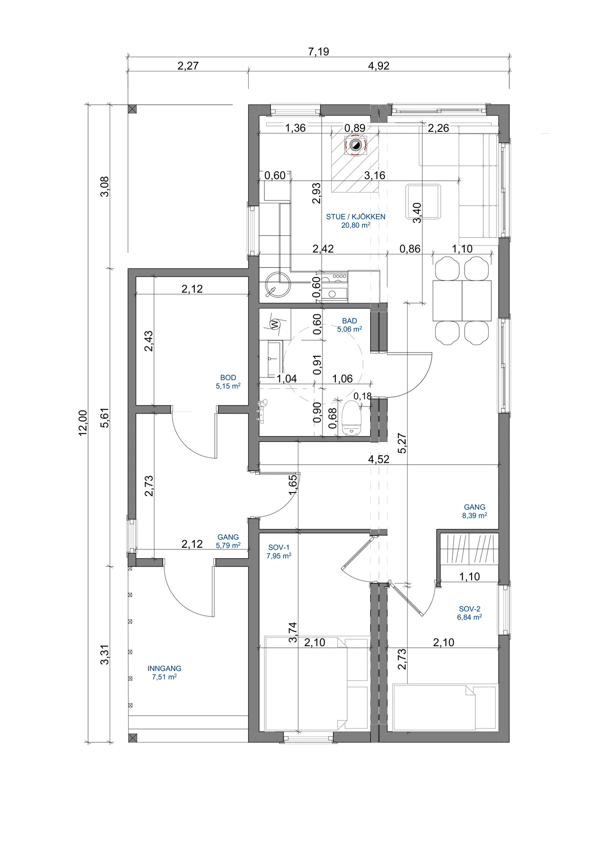 Plantegning 1. ETG — Folkehytte Moderne Saltak – 1 etasje