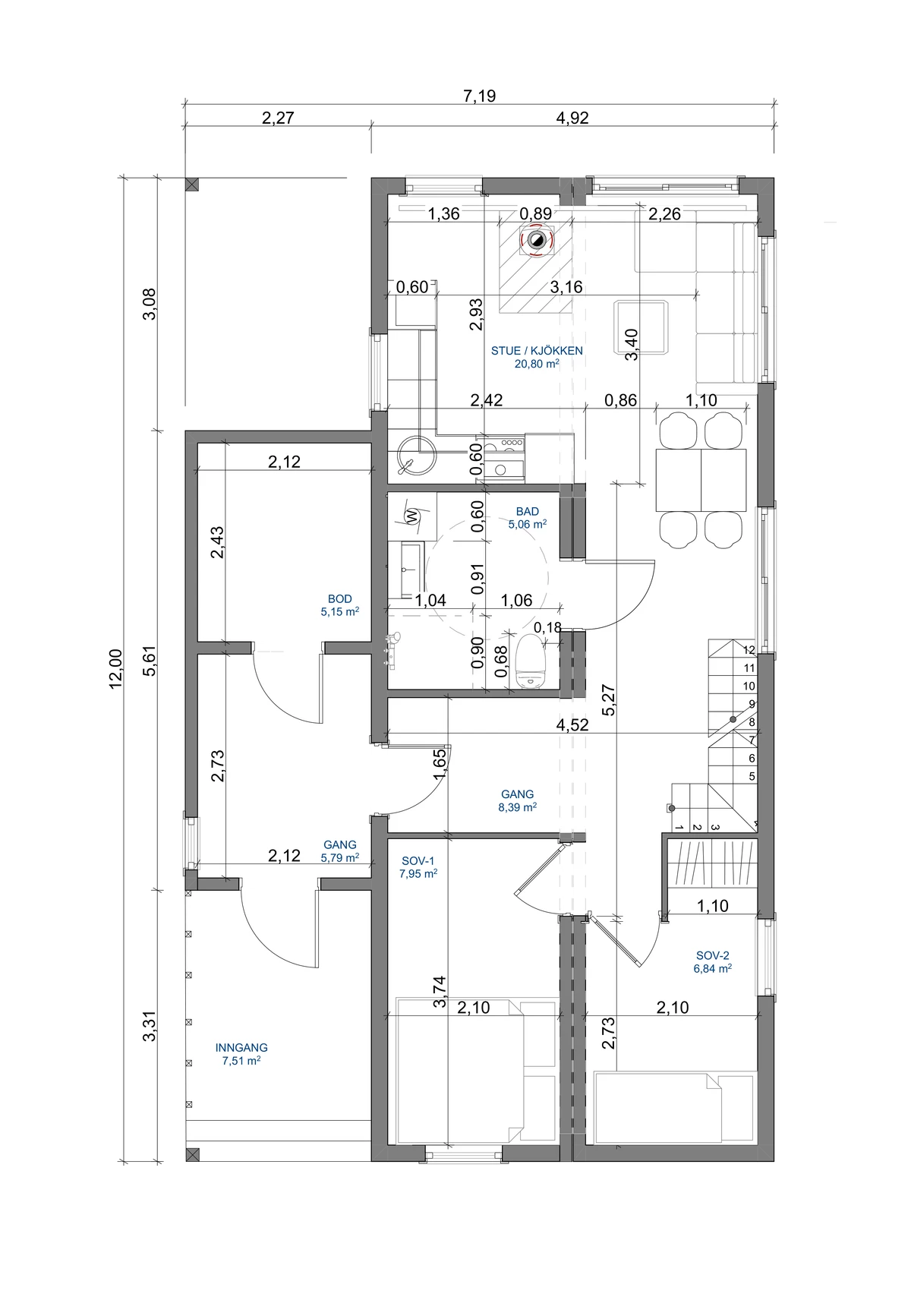 Plantegning 1. ETG — Folkehytte Moderne Saltak – Med hems og knevegg