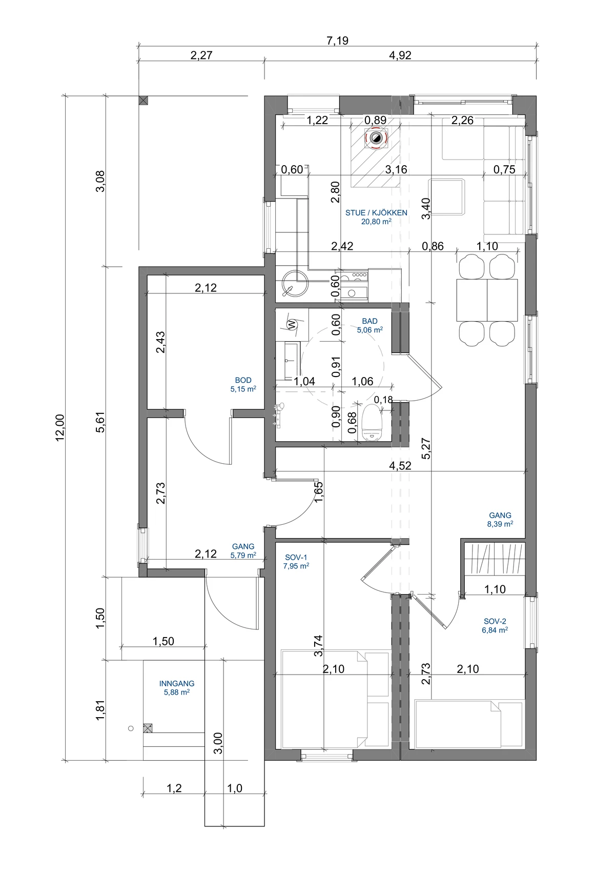 Plantegning 1. ETG — Folkehytte Tradisjon Saltak – 1 etasje