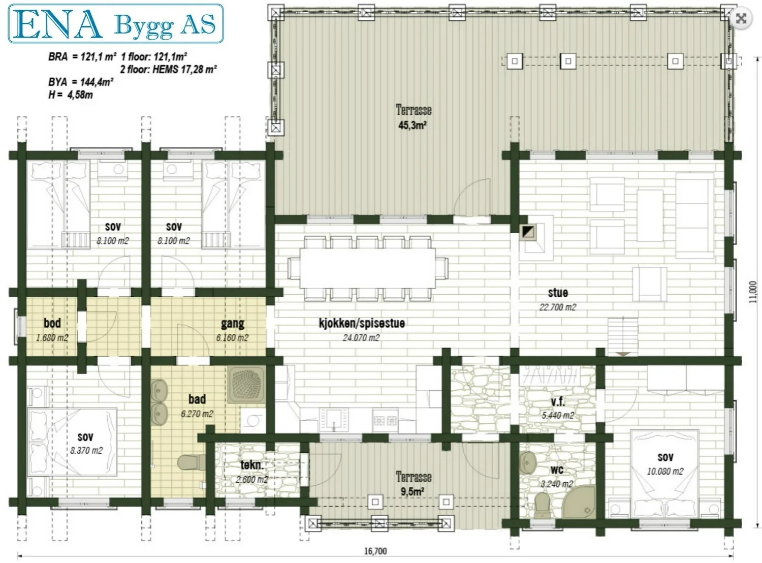Plantegning 1. ETG — Tyrihanshytter Tømmerhytte med stor terrasse, modell 2